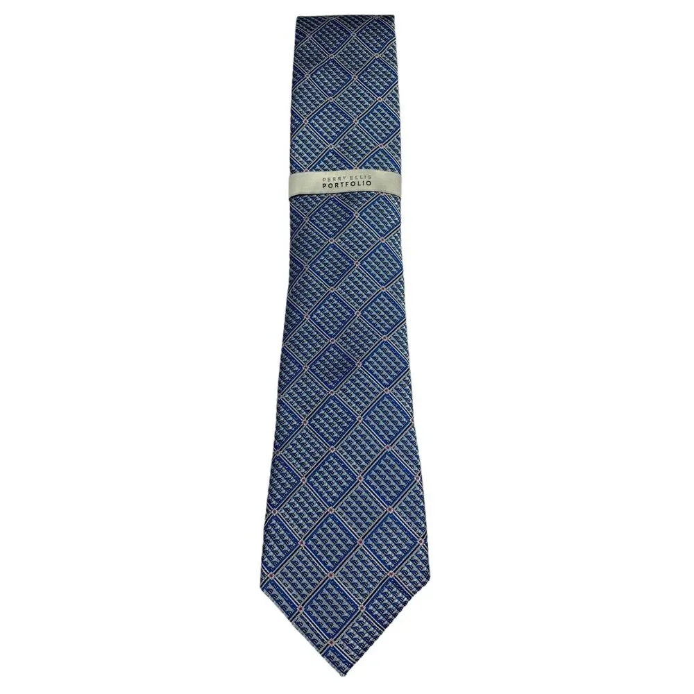 Perry Ellis Mens Tahan Grid Classic Polyester Neck Tie Blue 3 1/8